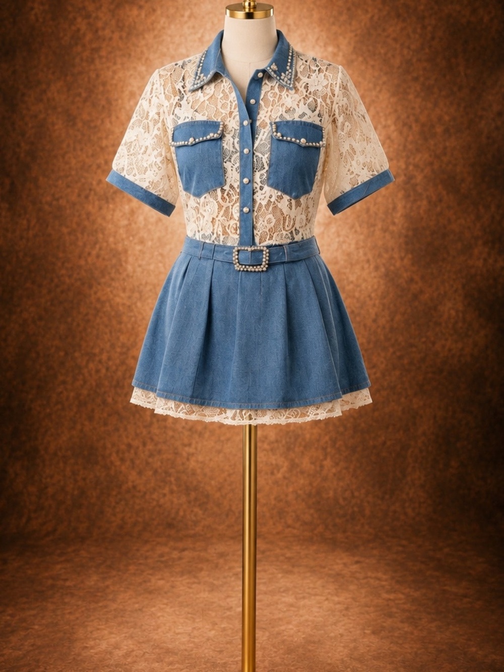 Women’s blue lace & denim two-piece skirt set